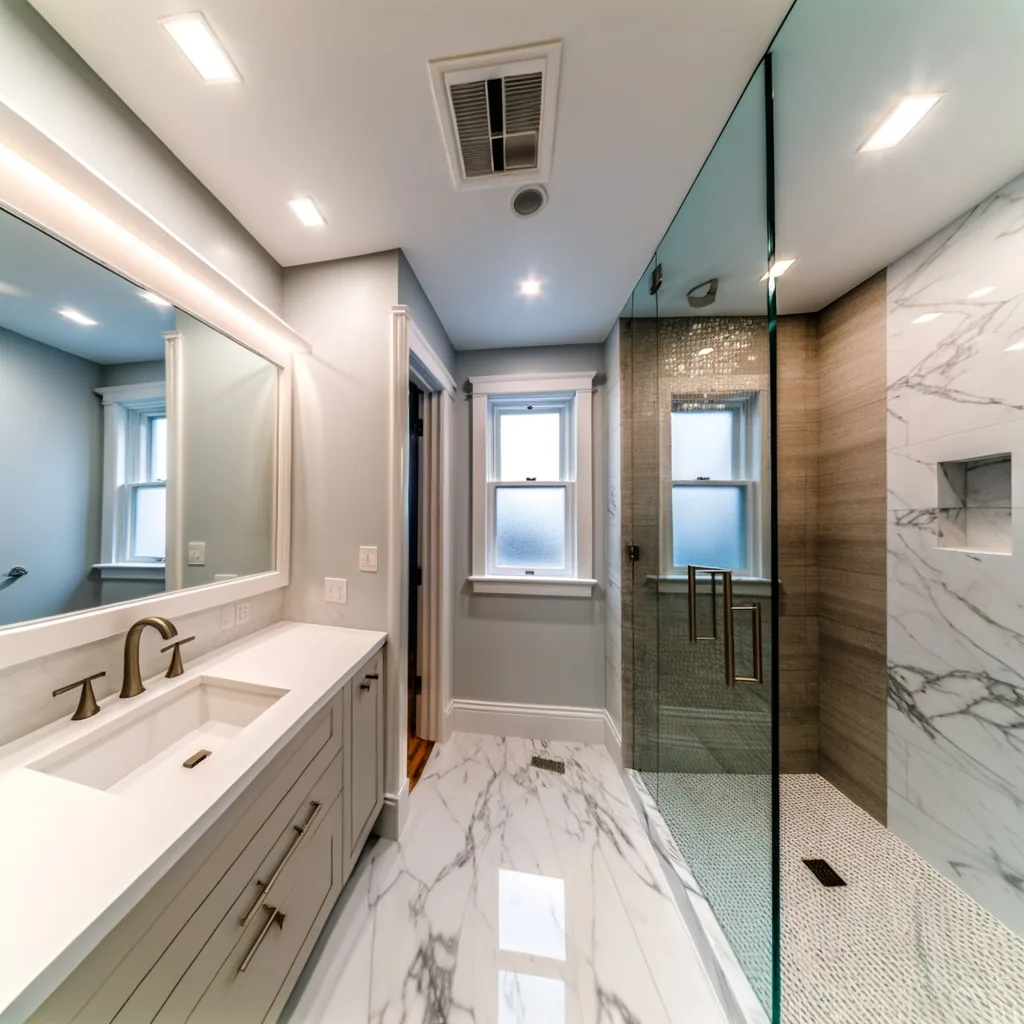 Luxury bathroom renovation in Houston TX - marble walk-in shower with glass enclosure