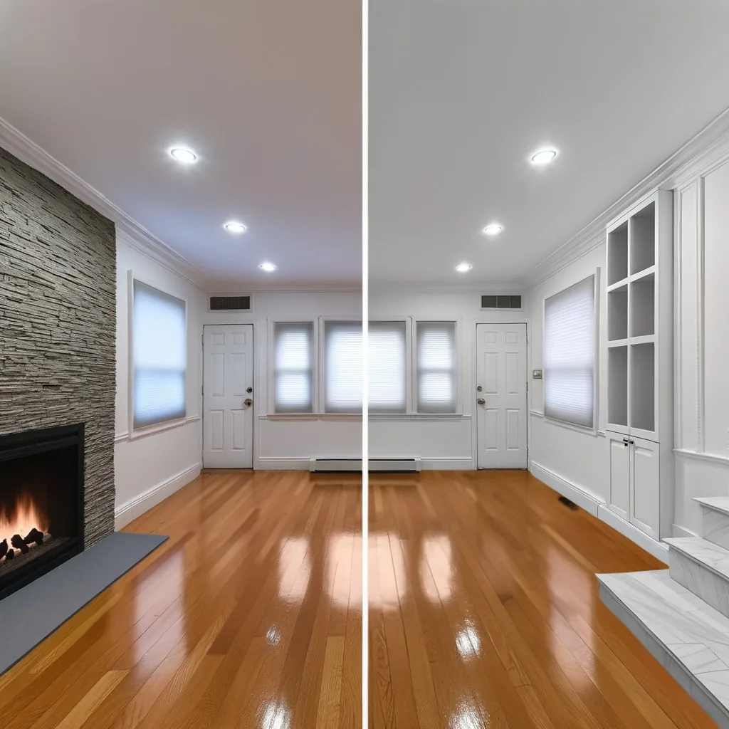 Home interior renovation in Houston TX - living room with stone fireplace and hardwood floors
