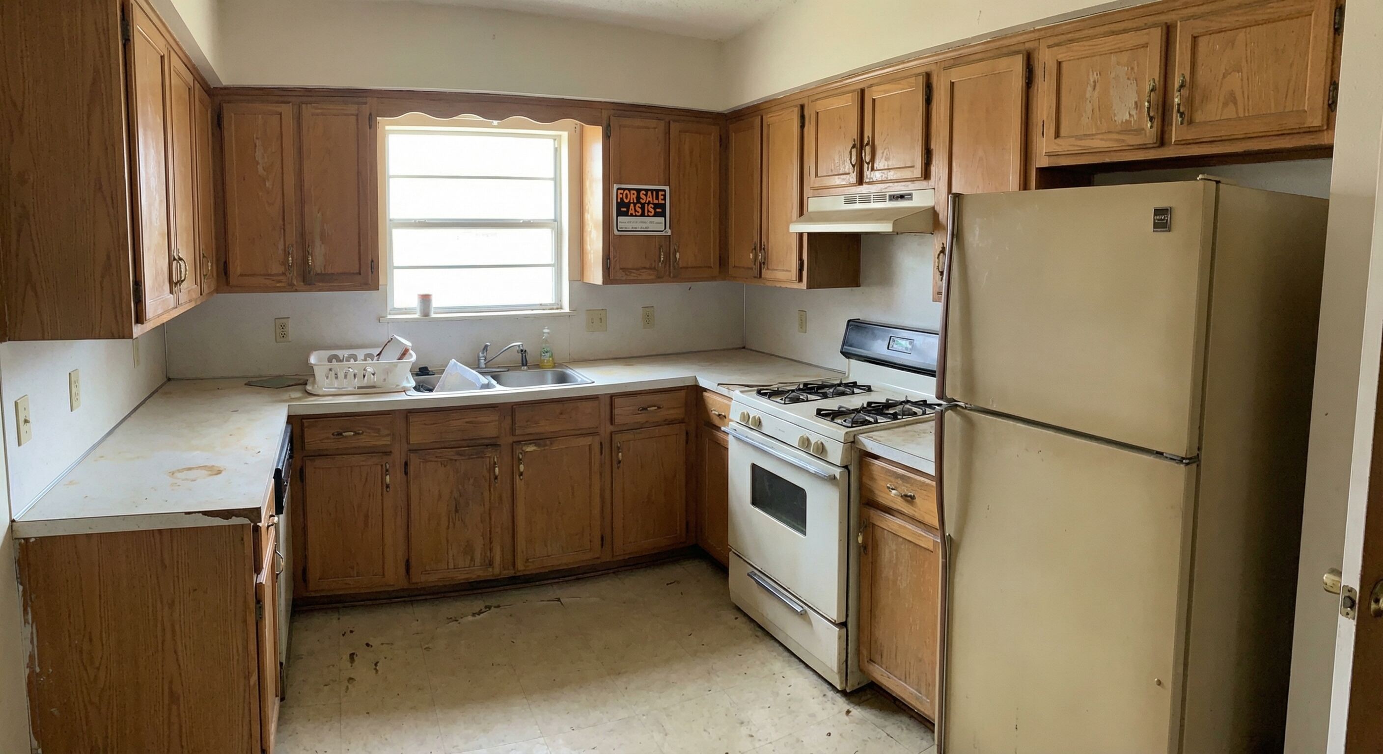 Outdated Houston kitchen with worn cabinets and laminate countertops