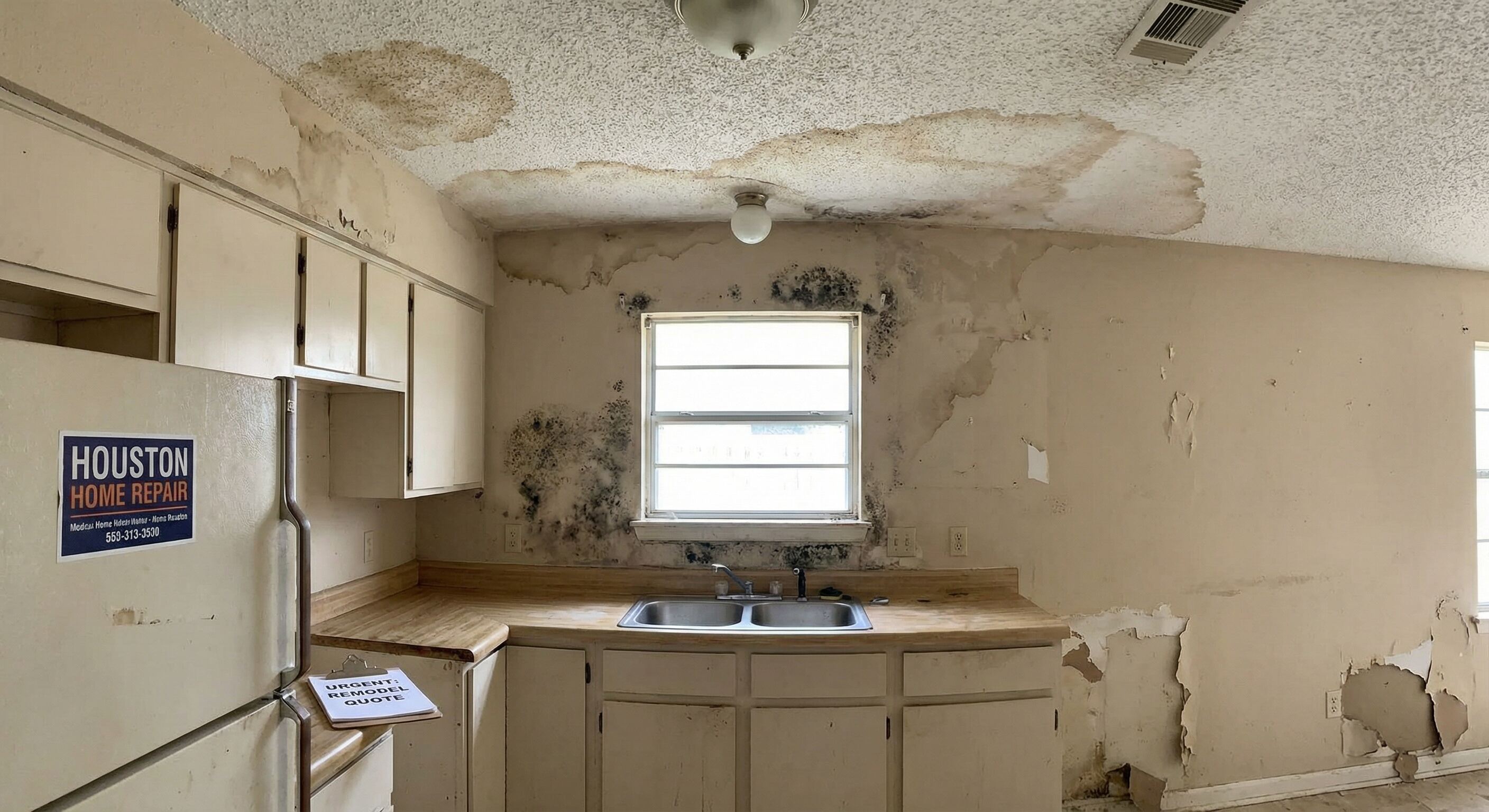 Water damage and mold under kitchen sink in Houston home
