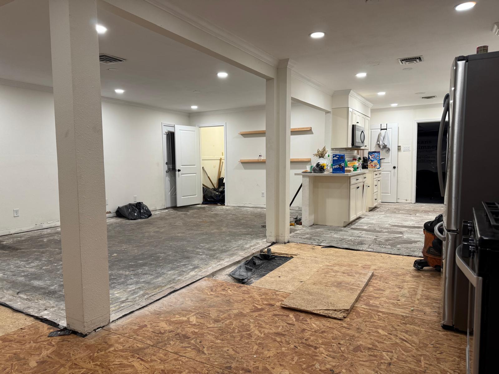 Open Concept Kitchen Renovation Flooring Demo and Subfloor Preparation - Houston Home Remodel